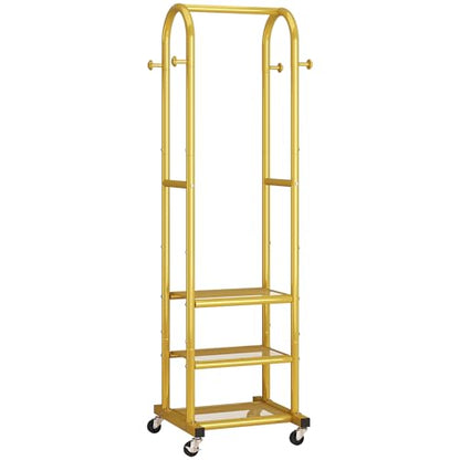 Dttwacoyh Clothing Rack with Wheels,Narrow Metal Garment Rack,Gold | Easy to install, 71.8 Inches Display Rack with 4 Side Hooks & 3 Shelves,for Small Flats, Bedroom, Entryway,Gold Clothes Rack - color: Gold