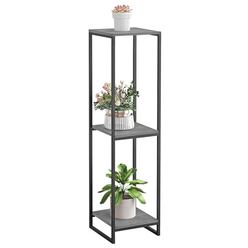 46" Tall 3-Tier Corner Plant Stand Indoor, Oak Grey | Functions as Flower Pots, Shelf, Decor Rack, Holder; Metal Frame with MDF Boards; for Living Room, Balcony; Modern Design