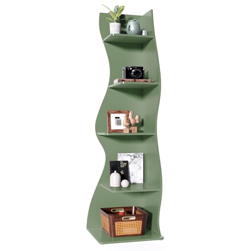 LITTLE TREE Small Corner Shelf, Modern 5-Tier Wall Wavy Corner Bookshelf | Stylish Bookcase Storage Rack for Small Space, Living Room, Bedroom, Green - color: Green, size: 1 Pack