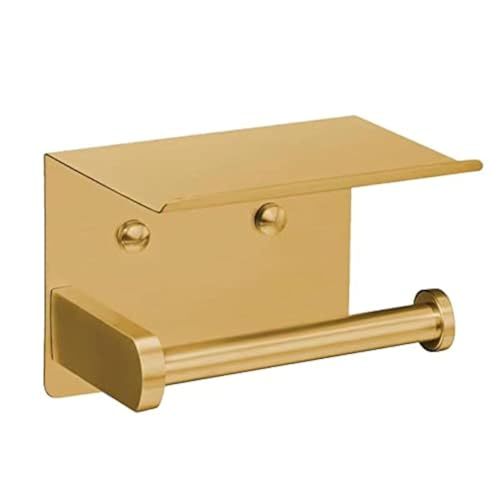 VAEHOLD Self Adhesive Toilet Paper Holder with Phone Shelf Stainless Steel Wall Mounted Toilet Paper Roll Holder - Rustproof and Bathroom Washroom Tissue Roll Holder with Storage Shelf - Gold - color: Gold