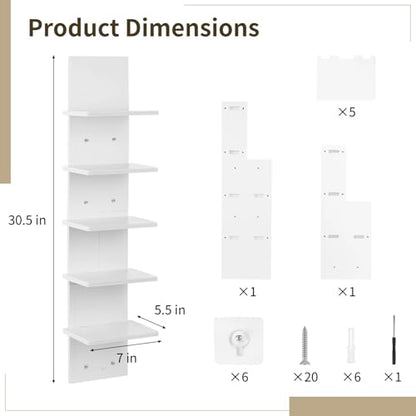 5 Tiers Floating Wall Shelf, Small Vertical White Floating Shelf for Narrow Spaces, Modern Wall-Mounted Decorative Shelves for Bedroom Living Room, Lightweight Wood-Plastic - size: 1PCS
