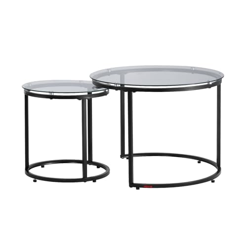 VEVOR Nesting Coffee Table Set of 2, 23.6 in Round Coffee Table, Glass Nesting Tables for Small Place, Modern End Side Tables Night Stand with Metal Frame, for Living Room, Bedroom, Balcony, Office - color: Black
