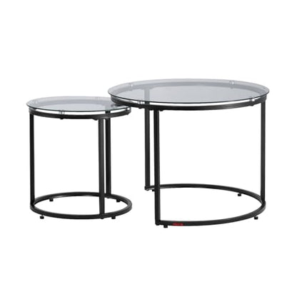 VEVOR Nesting Coffee Table Set of 2, 23.6 in Round Coffee Table, Glass Nesting Tables for Small Place, Modern End Side Tables Night Stand with Metal Frame, for Living Room, Bedroom, Balcony, Office - color: Black