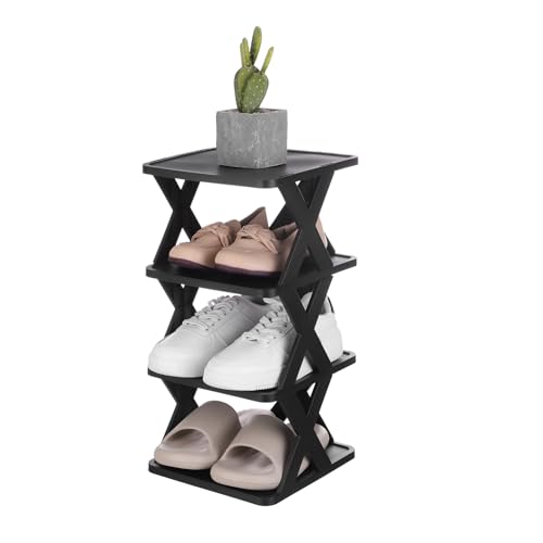 uxcell 4-Tier Plastic Shoe Rack, Vertical Shoe Rack Stackable Storage Organizer Folding Space-Saving Narrow Slot Shelf for Closet Livingroom Entryway Garage, Black/Black - color: Black/Black, size: 10.2x9.4x19.5 Inch