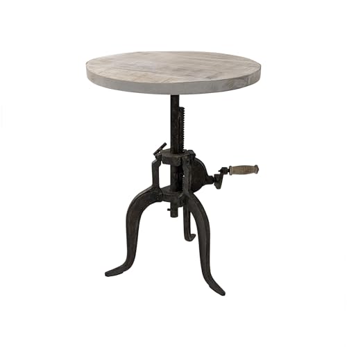 Carolina Chair & Table Adjustable Hand Crank 18" Wooden Top Rustic Side Table - Cast Iron Base Round Accent Table for Farmhouse, Living Room, or Bedroom (Natural Driftwood/Aged Iron) - color: Natural Driftwood/Aged Iron