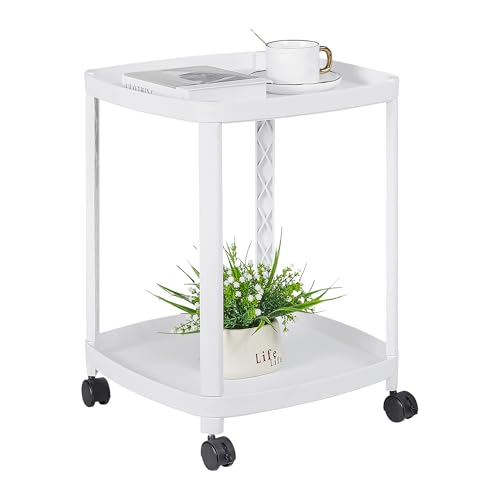 VECELO Rolling End Side Table with Lockable Wheels, 2‑Tier Plastic Mobile Sofa Side Table, Small Nightstand Storage Cart for Living Room Bedroom Bathroom, 1 PCS, White - color: White, size: 1 PCS