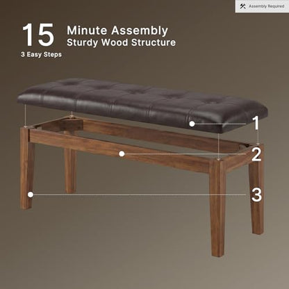 Signature Design by Ashley Ralene Tufted Upholstered Dining Room Bench, Medium Brown | Plush wipe-clean faux leather cushion, Frame of veneers, wood and engineered wood, Versatile 2-person entryway seating - color: Medium Brown, style: Ralene Dining Bench