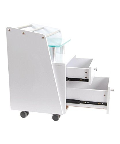J & A Glass Top Pedi Cart and Trolley for Salons & Spas, Tempered Glass Shelf, 2 Spacious Drawers, Heavy Duty Swivel Casters with Lock for use with Any Pedicure Chair, JA-DP-CART-WHT, White - color: White