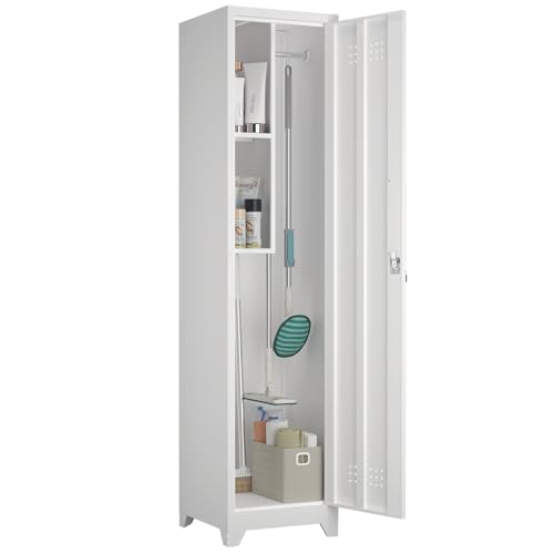Slim Broom Storage Cabinets, Metal Cabinet with Shelves and Hanging Rod, 15.75" W Utility Storage Cabinet with Locking Door, Slim Cabinet for Small Spaces, Kitchen, Pantry, Office, Shop - color: 65"h 1 Door - White