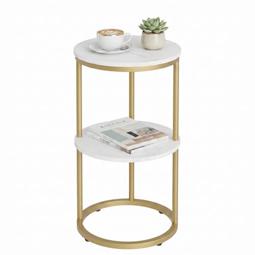 C Shaped end Table,2 Tier Wood Round Side Table for Couch,Small Sofa Table with Metal Frame for Bedroom,Living Room,Bedside,Gold(11.8" D x 11.8" W x 22.9" H) - color: White Marble+gold, size: 2 Tier