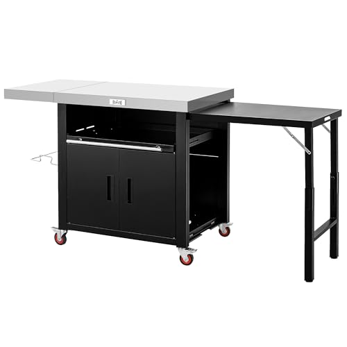 Feasto Outdoor Kitchen Island with Cabinet, 74” x 24” Rolling Grill Table | Grill Table with Stainless Steel Top for Pizza Oven& Griddles, Movable Bar Cart with Pull-Out Plate for Parties & Gathering - size: Large