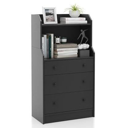 Moccha 3 Drawers Dresser with Shelf, Modern Dresser Tower with 2 Open Shelves, Chest of Drawers with Anti-toppling Device, Tall Storage Dresser Nightstand for Closet, Living Room, Black - color: Black