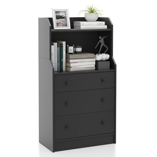 Moccha 3 Drawers Dresser with Shelf, Modern Dresser Tower with 2 Open Shelves, Chest of Drawers with Anti-toppling Device, Tall Storage Dresser Nightstand for Closet, Living Room, Black - color: Black