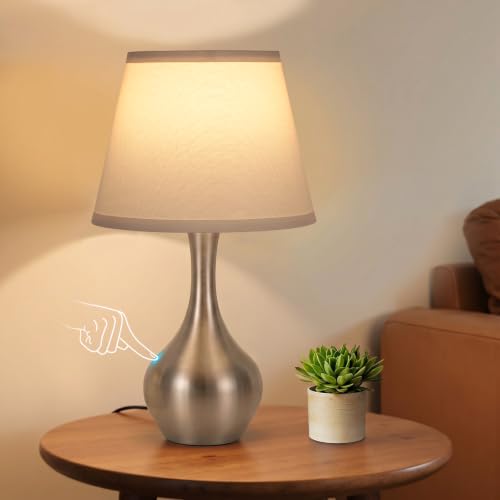 Seealle Touch Table Lamp for Bedroom, 3-Way Dimmable Small Bedside Lamps for Night Stands with Wires, Silver Desk Lamp for Kids Room, Office, Living Room, End Table(LED Bulb Included) - color: G. White Shade & Silver Base