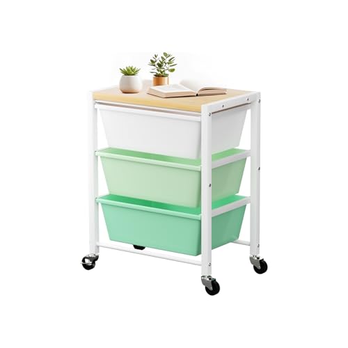 Rolling Cart with 3 Drawers, Plastic Drawer Storage Carts with Lockable Wheels & Wooden Tabletop, Metal Utility Cart Organizer, Office Bedroom Classroom Craft Organization and Storage, Bright Green - color: Bright Green, size: 3-drawer