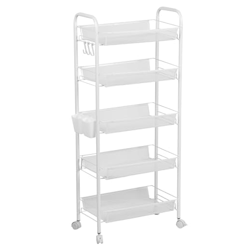 Fruit Vegetable Basket Storage Cart 5 Tier Stackable Metal Mesh Storage Basket with 360 Degree Wheels 41 Inch High Kitchen Storage Cart Snack Cart Kitchen Pantry Bathroom Cart (White) - color: White