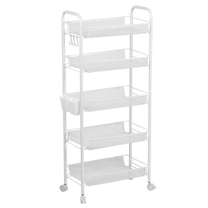 Fruit Vegetable Basket Storage Cart 5 Tier Stackable Metal Mesh Storage Basket with 360 Degree Wheels 41 Inch High Kitchen Storage Cart Snack Cart Kitchen Pantry Bathroom Cart (White) - color: White