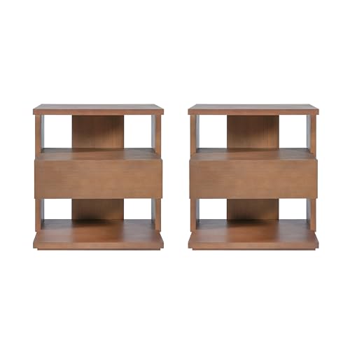 Christopher Knight Home 22" Mid Century Modern Nightstand Set of 2, Wooden Bedside Table with Drawer & 3 Tier Open Shelves, Small Side End Table Night Stand for Bedroom Living Room Small Space, Brown - color: Brown, size: 2pcs