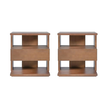 Christopher Knight Home 22" Mid Century Modern Nightstand Set of 2, Wooden Bedside Table with Drawer & 3 Tier Open Shelves, Small Side End Table Night Stand for Bedroom Living Room Small Space, Brown - color: Brown, size: 2pcs