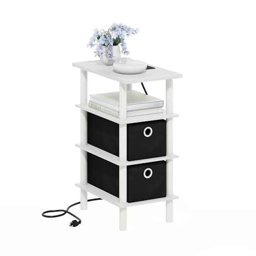 Furinno Turn-N-Tube Side Table, 4-Tier End Table with Charging Station and Storage Bins, Night Stand, Bedside Table with USB and Type-C Port, for Living Room, Bedroom, White - color: White/White, size: 4-Tier with Bins, Charging Station
