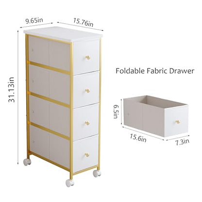 Narrow Storage Cabinet, Narrow Nightstand Dresser with 4 Drawers, Slim Fabric Dresser Storage Tower for Small Spaces, Gold Dresser for Bedroom, Bathroom, Laundry, Closet