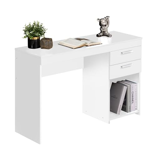 Techni Mobili 48 Inch Modern Compact Computer Desk with Drawers, White | 48 Inch modern desk with storage drawers, sturdy frame, compact design, ideal for bedrooms and home office workspaces - color: White