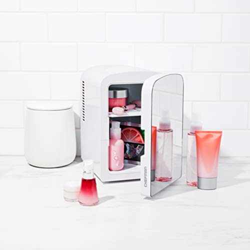 Chefman - Iceman Portable Mirrored Personal Fridge 4L Mini Refrigerator, Skin Care, Makeup Storage, Beauty, Serums & Face Masks, Small For Desktop Or Travel, Cool & Heat, Cosmetic Application, White