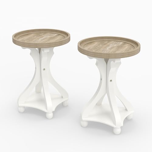 Accent Wood Farmhouse End Table, Set of 2 Round Side Tables, Nightstand Natural Tray Top and Distressed Carved Legs for Bedroom Living Room, White - size: 2-pcs, style: Round