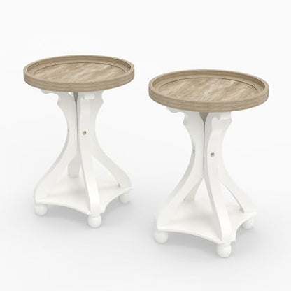 Accent Wood Farmhouse End Table, Set of 2 Round Side Tables, Nightstand Natural Tray Top and Distressed Carved Legs for Bedroom Living Room, White - size: 2-pcs, style: Round
