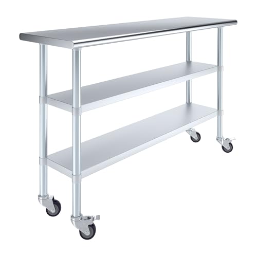 AmGood Stainless Steel Work Table with 2 Shelves and Casters | Metal Utility Table On Wheels (Stainless Steel Work Table with 2 Shelves + Casters, 60" Long x 18" Deep) - size: 60" Long x 18" Deep