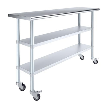 AmGood Stainless Steel Work Table with 2 Shelves and Casters | Metal Utility Table On Wheels (Stainless Steel Work Table with 2 Shelves + Casters, 60" Long x 18" Deep) - size: 60" Long x 18" Deep