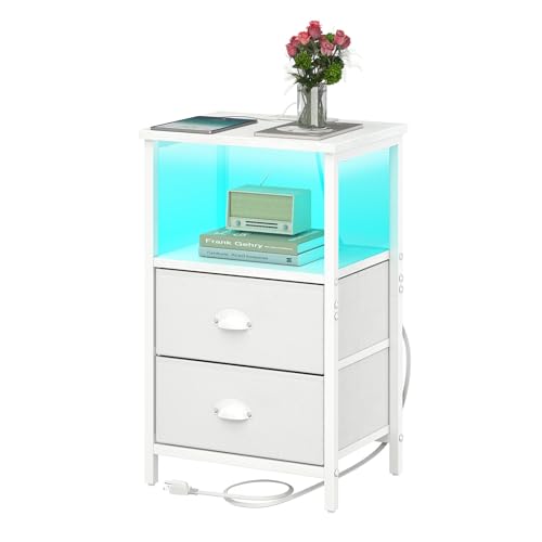sthmec Nightstand with Charging Station, LED Night Stand with 2 Fabric Drawers PU Finish, Bedside Tables End Table with LED Light, 3-Tier Storage Side Table Nightstand with Drawers for Bedroom,White - color: White