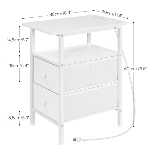 HOOBRO End Table with Charging Station, Narrow Side Table, Nightstand with 2 Non-Woven Drawers, Slim Sofa Side Table, for Small Spaces, Living Room, Bedroom, White WT486UBZ01 - color: White, size: 11.8"L x 18.9"W x 23.6"H