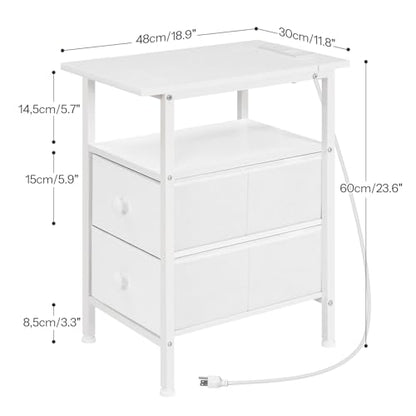 HOOBRO End Table with Charging Station, Narrow Side Table, Nightstand with 2 Non-Woven Drawers, Slim Sofa Side Table, for Small Spaces, Living Room, Bedroom, White WT486UBZ01 - color: White, size: 11.8"L x 18.9"W x 23.6"H