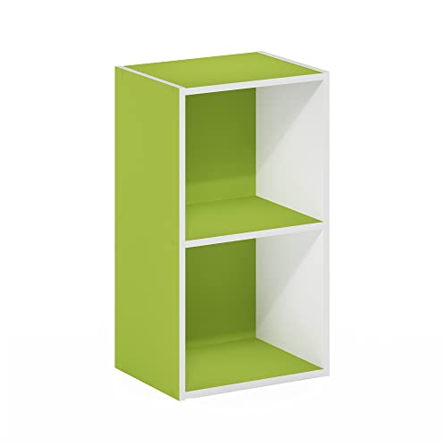 Furinno PASIR Book Shelf, 2-Tier Modern Bookshelf, Open Shelves Bookcase 9 x 12 x 21, Easy Assembly, for Living Room, Bedroom, Home Office, Green/White - color: White/Green, size: 2-Cube