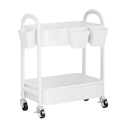 2 Tier Rolling Cart Metal with Wheels, White Under Desk Storage Roller Caddy on Wheels, Two Tiered Short Shelf Trolley, Small Utility Organizer Carts for Dorm, Bathroom, Craft, Art, Baby, Pantry,Snack - color: Simple White, size: 2 tier