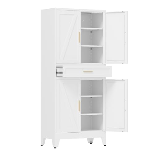 COFaR 71 in Tall Kitchen Pantry Cabinet with Drawer, Metal Pantry Storage Cabinet with 4 Adjustable Shelves and 4 Barn Doors, White Freestanding Farmhouse Food Cupboard for Dining Room - color: White, size: 71 Tall 4 Doors 1 Drawer-Farmhouse
