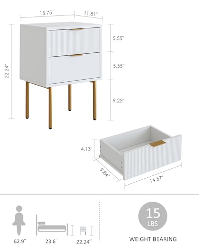 Nightstand,Small Bedside Table with Gold Frame,White Night Stand,Bedside Furniture,Side Table with 2Drawers for Bedroom,Living Room (2Drawers, White) - color: White, style: 2Drawers