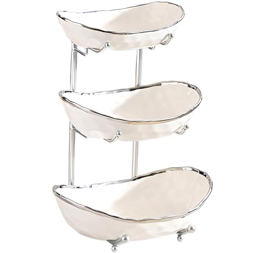 YYW 3 Tier Fruit Bowl for Kitchen Counter, White Gold Silver Ceramic Fruit Stand for Countertop, Home Fruit Rack with Metal Holder, Vegetable Snacks Nuts Bread Candy Storage (White (Silver Holder）) - color: White (Silver Holder）
