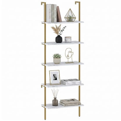 aboxoo Ladder Shelf White Marble Bookshelf 5-Tier Wall-Mounted Wood Rack Industrial Modern Plant Flower Stand Utility Organizer Open Bookcase Metal Frame Furniture Office Kitchen Bedroom - color: White Marble 5-tier, size: 1PC