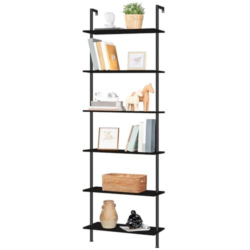 HOOBRO DIY Ladder Shelf, 6-Tier Wall Mounted Bookshelf, Office Vertical Bookcase, Wooden Storage Shelves for Home Office, Bedroom, Black BB65CJ01 - color: Black