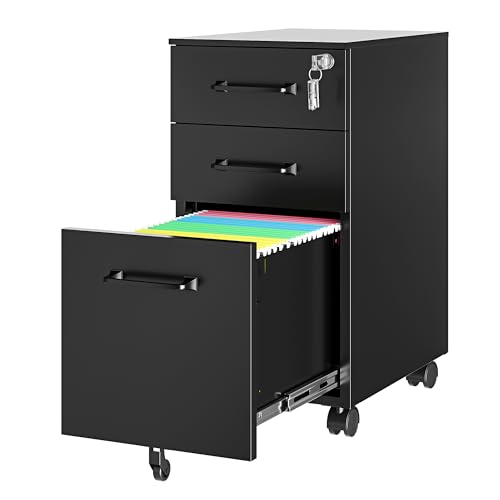 3 Drawer Slim File Cabinet, Mobile Filing Cabinet with Lock,Black Rolling Narrow File Cabinets with Casters, Under Desk Office Cabinets for Home Office,Fit A4/Letter/Legal(Unassembled) - color: Black, size: 11.8"W x 23.6"H x 17.7"D