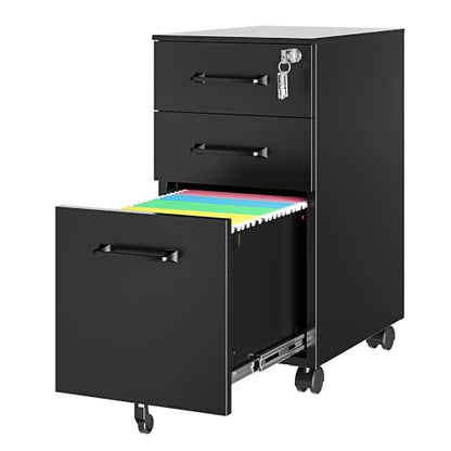 3 Drawer Slim File Cabinet, Mobile Filing Cabinet with Lock,Black Rolling Narrow File Cabinets with Casters, Under Desk Office Cabinets for Home Office,Fit A4/Letter/Legal(Unassembled) - color: Black, size: 11.8"W x 23.6"H x 17.7"D