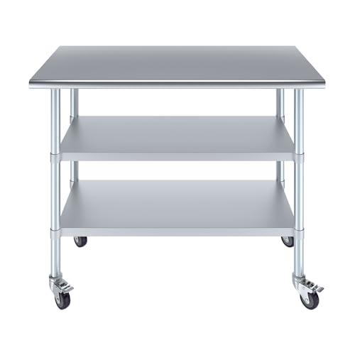 AmGood Stainless Steel Work Table with 2 Shelves and Casters | Metal Utility Table On Wheels (Stainless Steel Work Table with 2 Shelves + Casters, 48" Long x 24" Deep) - size: 48" Long x 24" Deep