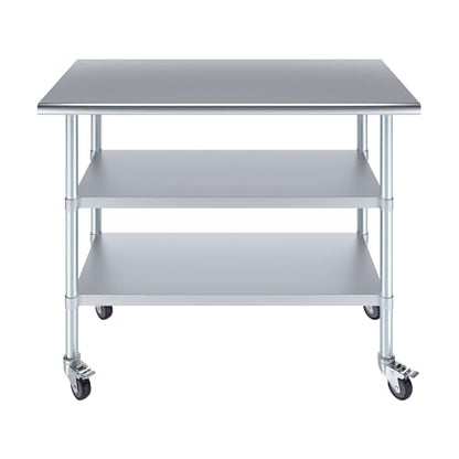 AmGood Stainless Steel Work Table with 2 Shelves and Casters | Metal Utility Table On Wheels (Stainless Steel Work Table with 2 Shelves + Casters, 48" Long x 24" Deep) - size: 48" Long x 24" Deep