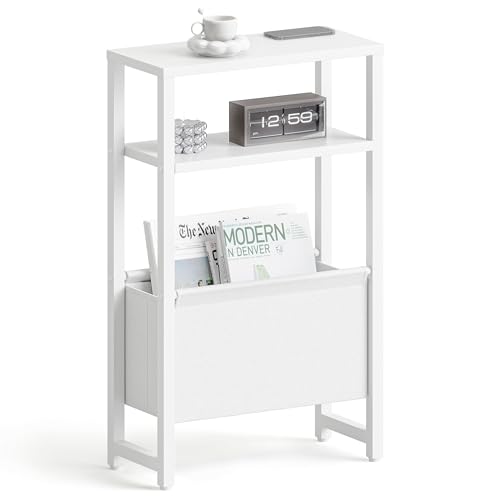 Narrow Side Table, Slim End Table with Magazine Rack, Skinny Bedside Table for Small Spaces, 3 Tier Sofa Couch Table Nightstand for Living Room, Bedroom, White LET503W - color: White, style: No Charging Station