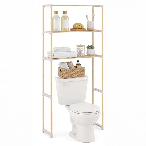 COSTWAY 3-Tier Over The Toilet Rack, Solid Wood Vertical Organizer with Slatted Shelves, Freestanding Space-Saving Toilet Storage Rack for Bathroom, Laundry Room