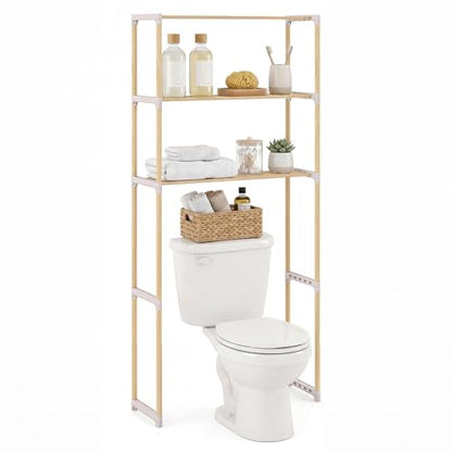 COSTWAY 3-Tier Over The Toilet Rack, Solid Wood Vertical Organizer with Slatted Shelves, Freestanding Space-Saving Toilet Storage Rack for Bathroom, Laundry Room