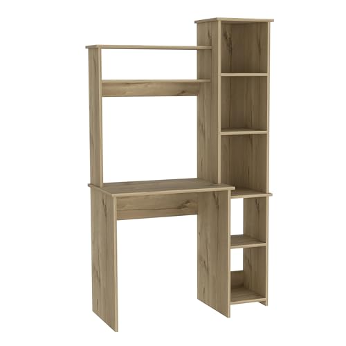 Tuhome Versalles Writing Desk with Two Superior Shelves, Five Side Open Storage Compartments, Space-Saving Modern Workstation Design for Studios and Offices, Ideal for Organization, Books - color: Light Oak