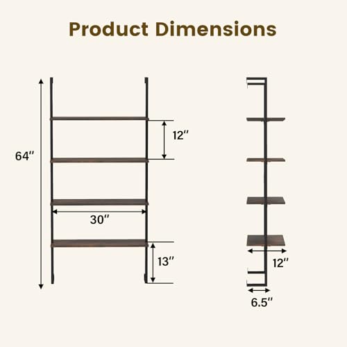 Giantex 4 Tier Modern Wall Mounted Bookshelf Rustic Brown, 64" Industrial Wood Bookcase with Metal Frame, Display Storage Rack Organizer, Ladder Shelf Bookcase for Living Room, Kitchen